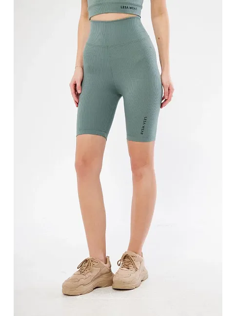 Yüksek Bel Fitilli Biker Baskılı Şort - Mint Yeşili