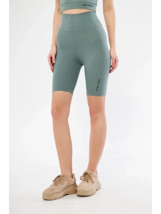 Yüksek Bel Fitilli Biker Baskılı Şort - Mint Yeşili