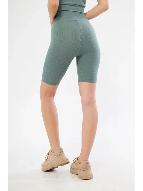 Yüksek Bel Fitilli Biker Baskılı Şort - Mint Yeşili