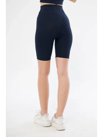 Yüksek Bel Fitilli Biker Baskılı Şort - Lacivert
