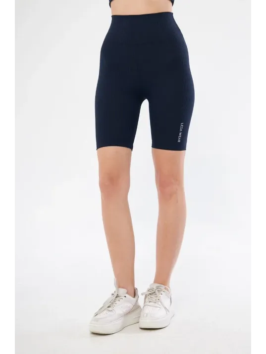 Yüksek Bel Fitilli Biker Baskılı Şort - Lacivert