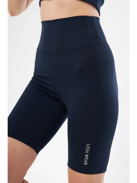 Yüksek Bel Fitilli Biker Baskılı Şort - Lacivert