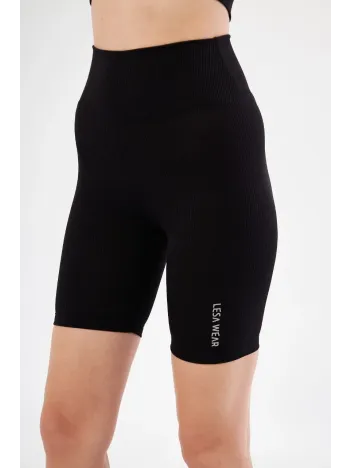 Yüksek Bel Fitilli Biker Baskılı Şort - Siyah