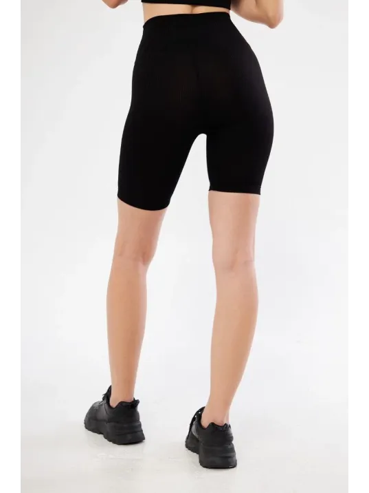 Yüksek Bel Fitilli Biker Baskılı Şort - Siyah