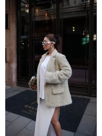 Yün Keçe Görünümlü Blazer Ceket Kaban- Çimen Yeşili