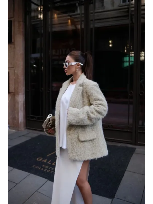 Yün Keçe Görünümlü Blazer Ceket Kaban- Çimen Yeşili Yün Keçe Görünümlü Blazer Ceket Kaban- Çimen Yeşili