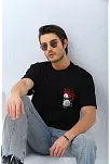 Unisex Oversize Baskılı Bisiklet Yaka T-shirt - Siyah