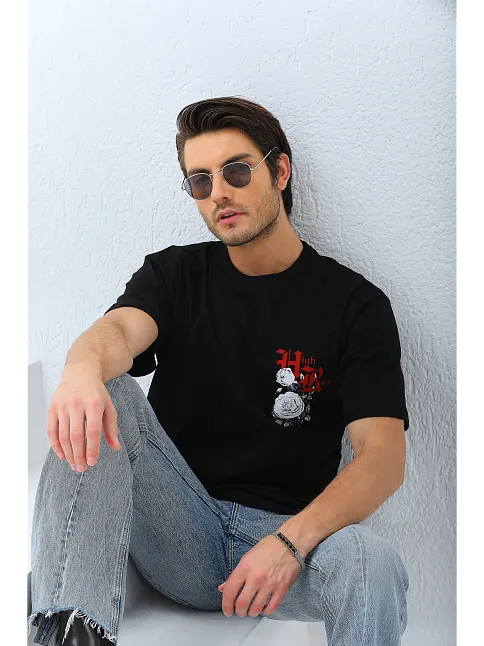 Unisex Oversize Baskılı Bisiklet Yaka T-shirt - Siyah