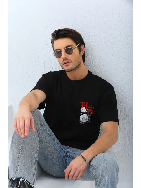 Unisex Oversize Baskılı Bisiklet Yaka T-Shirt - Siyah Unisex Oversize Baskılı Bisiklet Yaka T-Shirt - Siyah