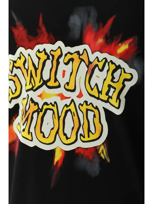 Unisex Oversize Baskılı Bisiklet Yaka T-Shirt - Siyah