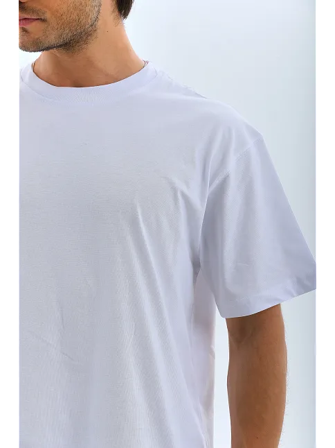 Unisex Oversize Düz Bisiklet Yaka T-shirt - Beyaz
