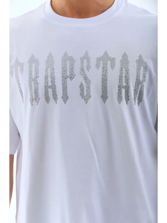 Unisex Oversize Taşlı Bisiklet Yaka T-Shirt - Beyaz Unisex Oversize Taşlı Bisiklet Yaka T-Shirt - Beyaz