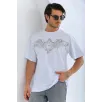 Unisex Oversize Taşlı Bisiklet Yaka T-Shirt - Beyaz Unisex Oversize Taşlı Bisiklet Yaka T-Shirt - Beyaz