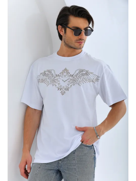Unisex Oversize Taşlı Bisiklet Yaka T-Shirt - Beyaz Unisex Oversize Taşlı Bisiklet Yaka T-Shirt - Beyaz