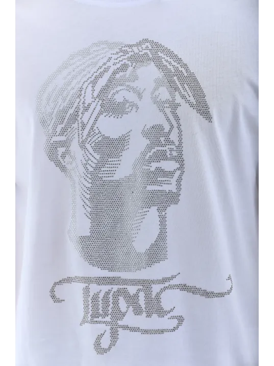 Unisex Oversize Taşlı Bisiklet Yaka T-Shirt - Beyaz Unisex Oversize Taşlı Bisiklet Yaka T-Shirt - Beyaz