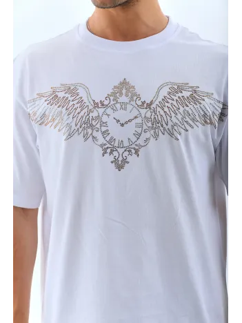 Unisex Oversize Taşlı Bisiklet Yaka T-Shirt - Beyaz Unisex Oversize Taşlı Bisiklet Yaka T-Shirt - Beyaz