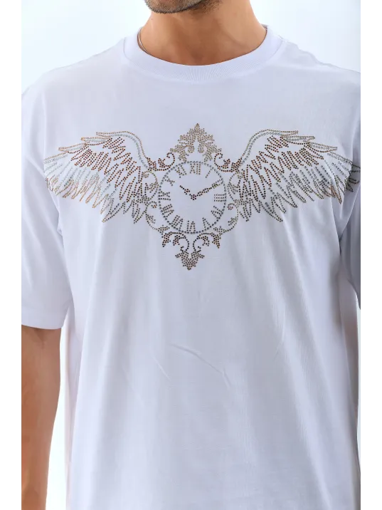 Unisex Oversize Taşlı Bisiklet Yaka T-Shirt - Beyaz Unisex Oversize Taşlı Bisiklet Yaka T-Shirt - Beyaz