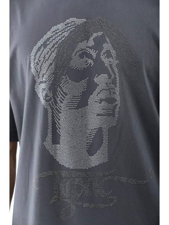 Unisex Oversize Taşlı Bisiklet Yaka T-Shirt - Füme Unisex Oversize Taşlı Bisiklet Yaka T-Shirt - Füme