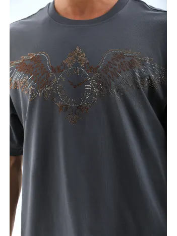 Unisex Oversize Taşlı Bisiklet Yaka T-Shirt - Füme Unisex Oversize Taşlı Bisiklet Yaka T-Shirt - Füme