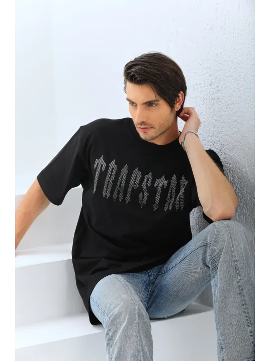 Unisex Oversize Taşlı Bisiklet Yaka T-Shirt - Siyah