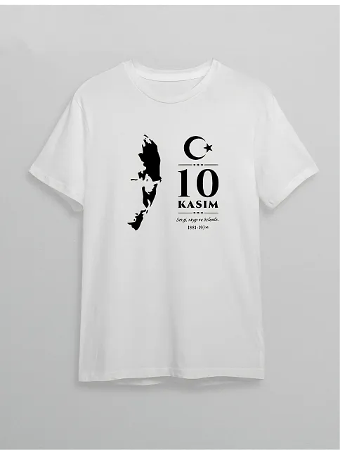 10 Kasım Atatürk Anma Günü Silüet Baskılı Oversize Bisiklet Yaka T-shirt - Beyaz