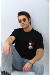 Erkek Baskılı T-shirt Kısa Kol Bisiklet Yaka Rahat Kalıp Tişört  - Siyah