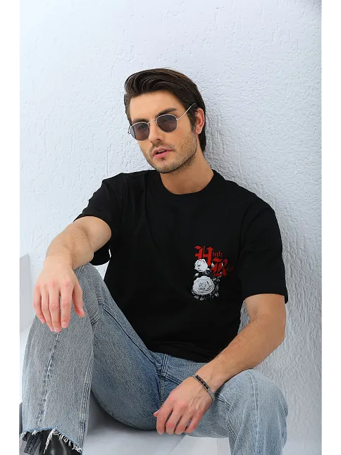 Erkek Baskılı T-shirt Kısa Kol Bisiklet Yaka Rahat Kalıp Tişört  - Siyah