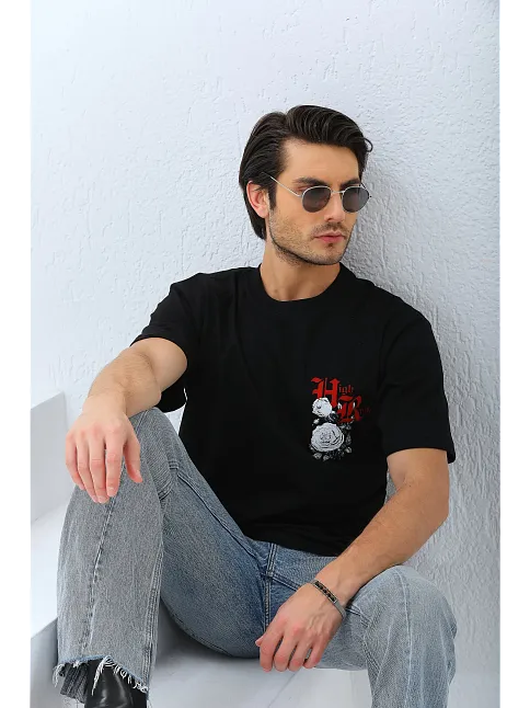 Erkek Baskılı T-shirt Kısa Kol Bisiklet Yaka Rahat Kalıp Tişört  - Siyah