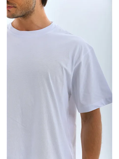 Erkek Düz Yazlık Kısa Kol Tişört Bisiklet Yaka Oversize T-shirt - Beyaz