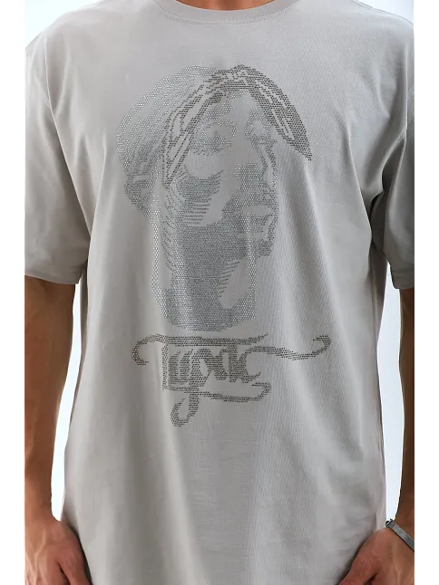 Erkek Tişört Taş Detaylı Bisiklet Yaka  Kısa Kol T-shirt - Gri