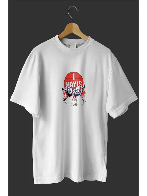 1 Mayıs Emek Ve Dayanışma Günü Baskılı Oversize Bisiklet Yaka T-shirt - Beyaz