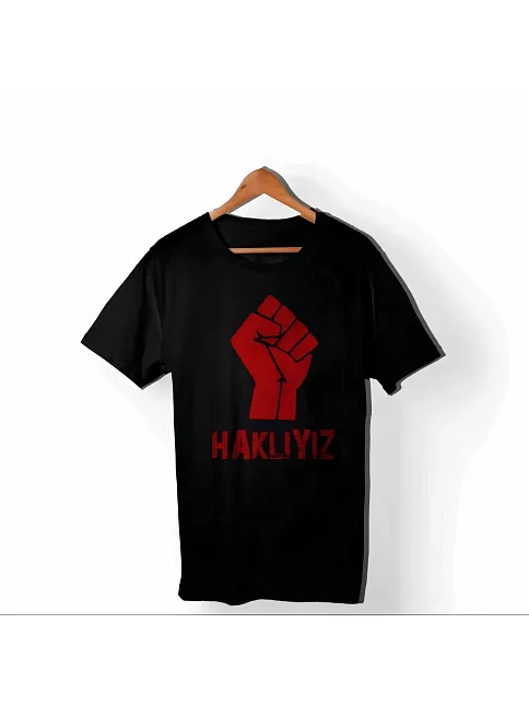 1 Mayıs Emek Ve Dayanışma Günü Haklıyız Baskılı Bisiklet Yaka T-shirt - Siyah