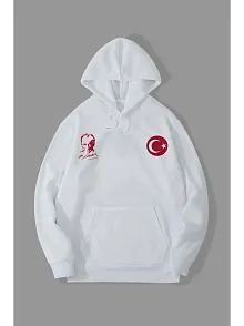 Erkek 10 Kasıma Özel 3 İplik Kapüşonlu Baskılı Sweatshirt Hoodie - Beyaz