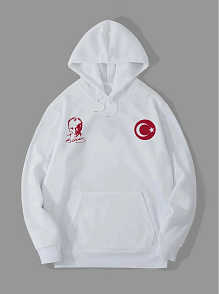 Erkek 10 Kasıma Özel 3 İplik Kapüşonlu Baskılı Sweatshirt Hoodie - Beyaz