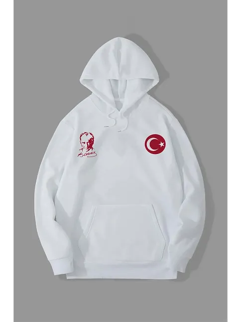 Erkek 10 Kasıma Özel 3 İplik Kapüşonlu Baskılı Sweatshirt Hoodie - Beyaz