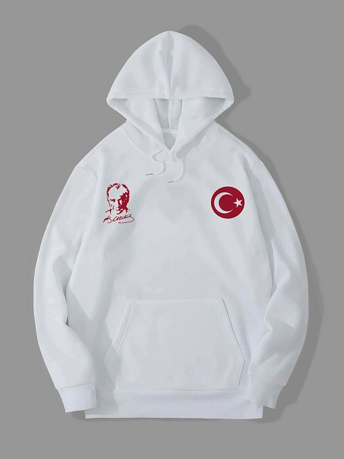 Erkek 10 Kasıma Özel 3 İplik Kapüşonlu Baskılı Sweatshirt Hoodie - Beyaz