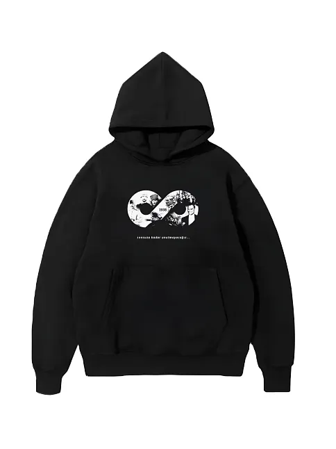 Erkek 10 Kasıma Özel 3 İplik Kapüşonlu Baskılı Sweatshirt Hoodie - Siyah