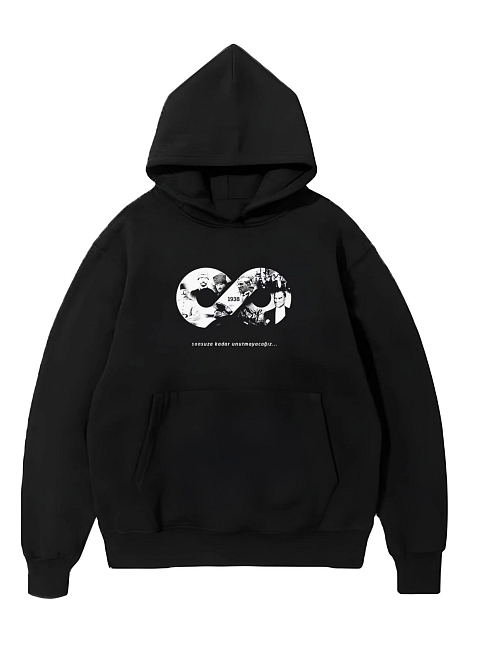 Erkek 10 Kasıma Özel 3 İplik Kapüşonlu Baskılı Sweatshirt Hoodie - Siyah