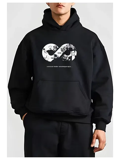 Erkek 10 Kasıma Özel 3 İplik Kapüşonlu Baskılı Sweatshirt Hoodie - Siyah