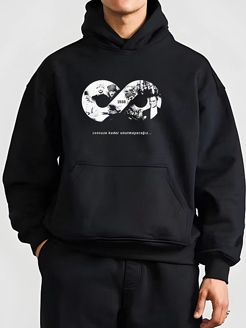 Erkek 10 Kasıma Özel 3 İplik Kapüşonlu Baskılı Sweatshirt Hoodie - Siyah