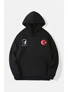 10 Kasıma Özel 3 İplik Kapüşonlu Baskılı Sweatshirt Hoodie - Siyah