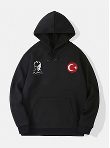 10 Kasıma Özel 3 İplik Kapüşonlu Baskılı Sweatshirt Hoodie - Siyah