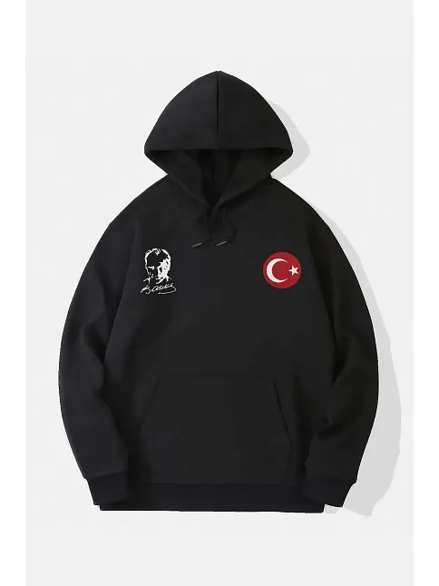 10 Kasıma Özel 3 İplik Kapüşonlu Baskılı Sweatshirt Hoodie - Siyah