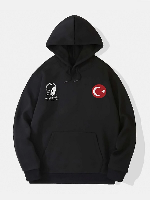 10 Kasıma Özel 3 İplik Kapüşonlu Baskılı Sweatshirt Hoodie - Siyah