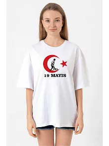 19 Mayıs Atatürk Gençlik Spor Bayramı Baskılı Bisiklet Yaka T-shirt - Beyaz