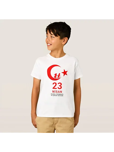 Çocuk 23 Nisan Ulusal Egemenlik Ve Çocuk Bayramı Baskılı Bisiklet Yaka T-shirt - Beyaz Çocuk 23 Nisan Ulusal Egemenlik Ve Çocuk Bayramı Baskılı Bisiklet Yaka T-shirt - Beyaz