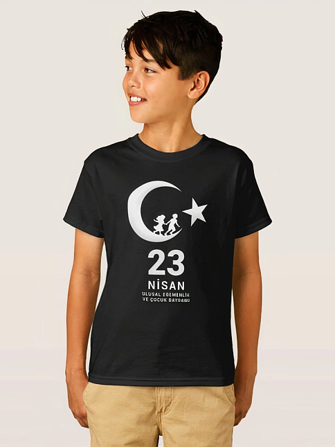 Çocuk 23 Nisan Ulusal Egemenlik Ve Çocuk Bayramı Baskılı Bisiklet Yaka T-shirt - Siyah