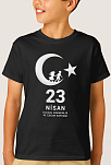 Çocuk 23 Nisan Ulusal Egemenlik Ve Çocuk Bayramı Baskılı Bisiklet Yaka T-shirt - Siyah