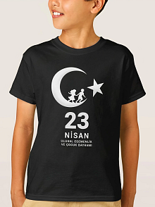 Çocuk 23 Nisan Ulusal Egemenlik Ve Çocuk Bayramı Baskılı Bisiklet Yaka T-shirt - Siyah
