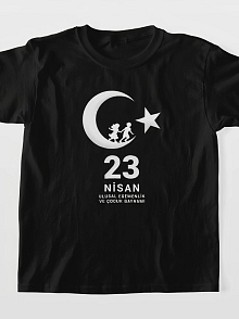 Çocuk 23 Nisan Ulusal Egemenlik Ve Çocuk Bayramı Baskılı Bisiklet Yaka T-shirt - Siyah